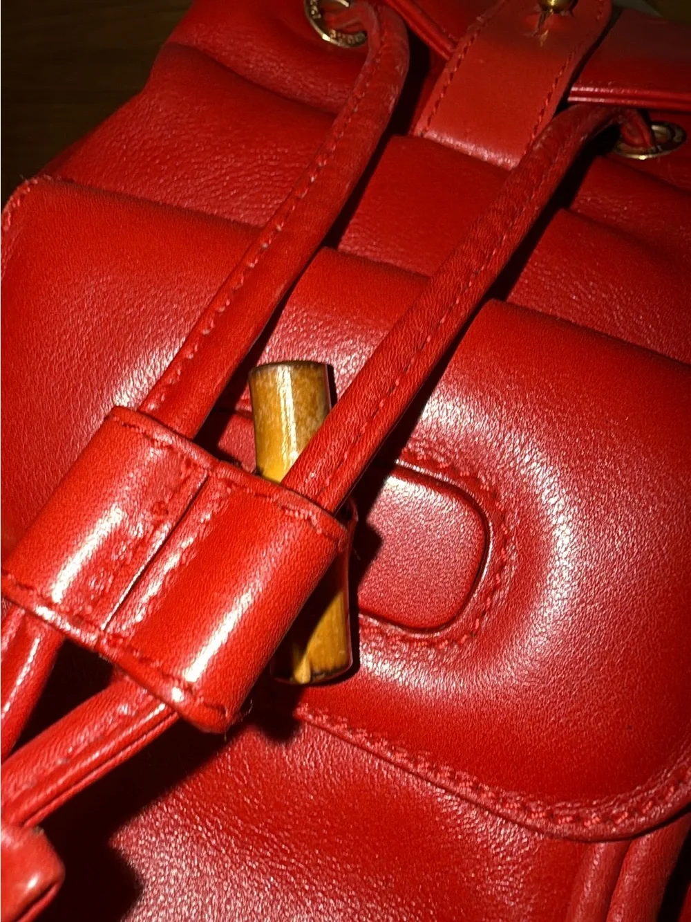 GUCCI VINTAGE BAMBOO RED LEATHER BACKPACK BAG (AUTHENTIC! )  Nice preowned
